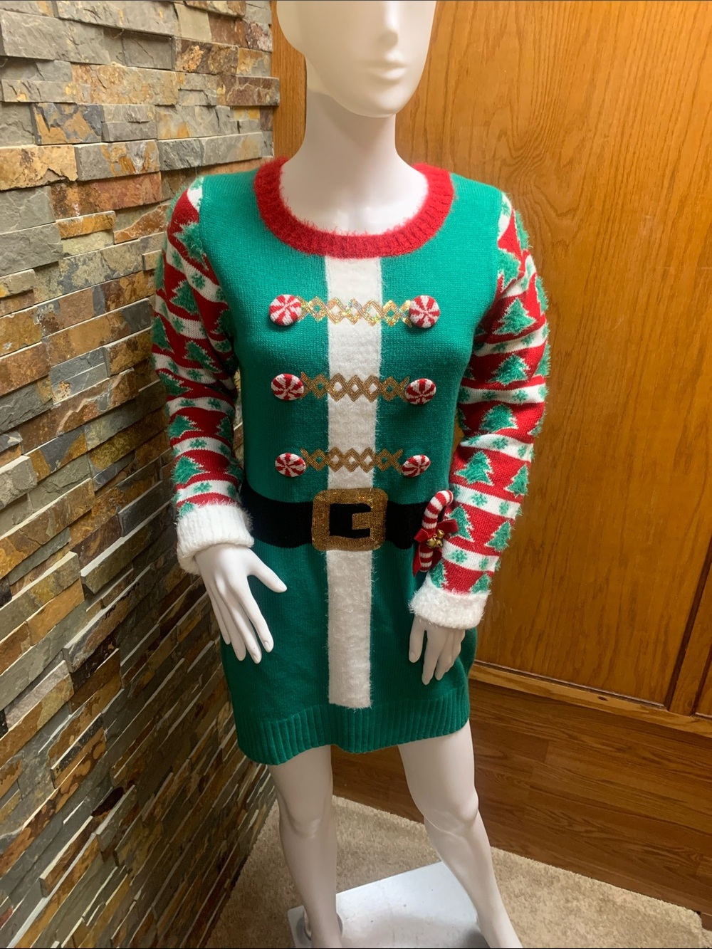 Celebrate Together Red Fuzzy Sweater with Green Knit Christmas in July small